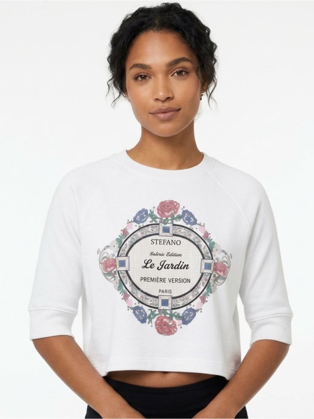 Vtg 90s STEFANO LE JARDIN Paris Floral Graphic Sweatshirt White Boxy Cottagecore